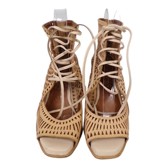 Jeffrey Campbell Rodillo Wedge Sandals Size 9 Tan Leather Lace Up #1257 - Picture 9 of 10